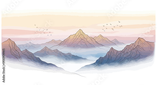 A serene watercolor painting of majestic mountains shrouded in mist, with a flock of birds soaring in the pastel-colored sky.