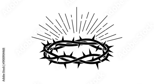 Minimalist Black Line Art Crown of Thorns with Divine Light Rays
