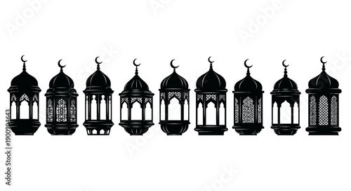 A collection of black Islamic lanterns with intricate designs and crescent moon toppers, displayed in a row against a white background.