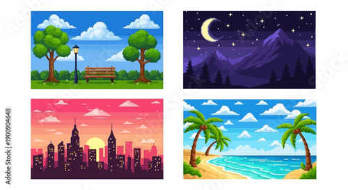 A collection of four pixel art landscapes: a park scene, a starry night mountain range, a city skyline at sunset, and a tropical beach.