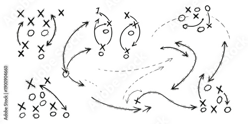 A detailed hand-drawn sports play diagram illustrating offensive and defensive player movements with x's and o's.