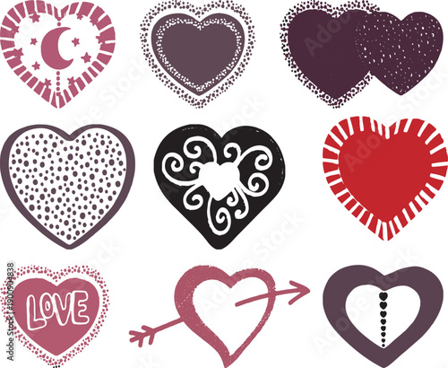 Collection of decorative hearts in various styles and shades of pink and red