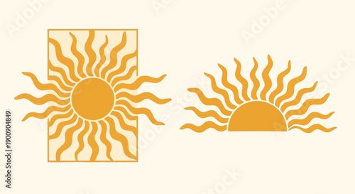 Two stylized sun illustrations, one within a rectangle and one as a semicircle, both with wavy rays.