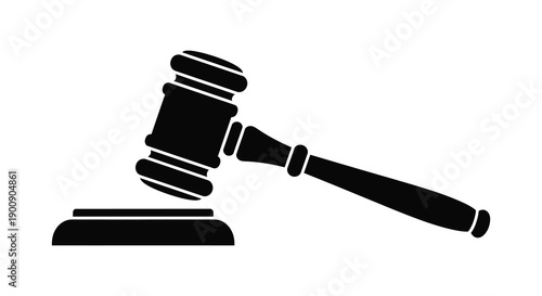 A stark black silhouette depicts a traditional gavel resting upon a sound block symbolizing justice and legal proceedings