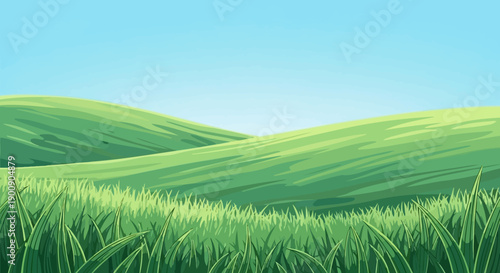 A vibrant green grassy field under a clear blue sky, with rolling hills in the background.