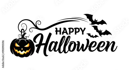 Happy Halloween text with a spooky pumpkin and flying bats illustration.