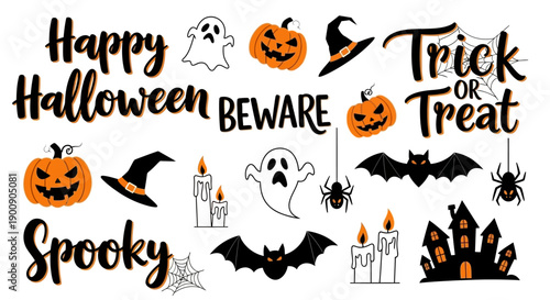 A collection of Halloween-themed graphic elements including pumpkins, ghosts, bats, spiders, witches hats, candles, and spooky text.