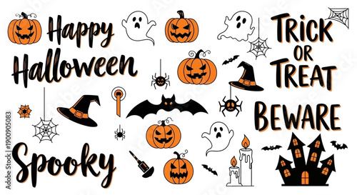 A collection of Halloween-themed illustrations including pumpkins, ghosts, bats, spiders, witches hats, candles, and spooky text.