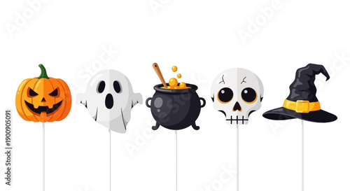 A collection of five Halloween-themed photo booth props on white sticks, including a pumpkin, ghost, cauldron, skull, and witch's hat.