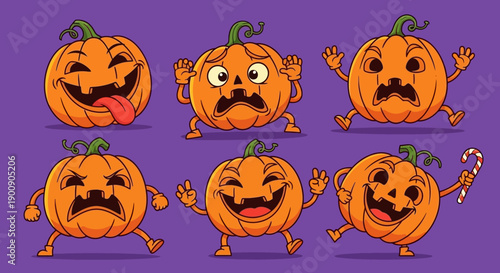 A collection of six cartoon pumpkins with different facial expressions and poses, set against a purple background.