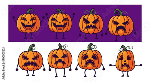 A collection of eight cartoon pumpkins with various expressive faces, suitable for Halloween themes.