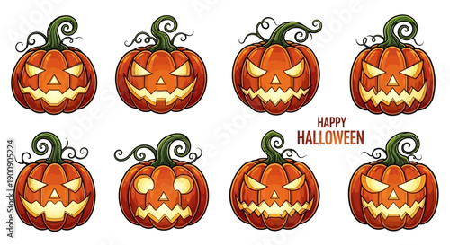 Eight cartoon-style glowing Halloween jack-o'-lanterns with various spooky carved faces and green stems on a white background.