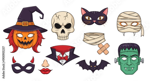 A collection of various Halloween-themed graphic elements including a witch's hat, pumpkin, skull, cat, mummy, and Frankenstein's monster.