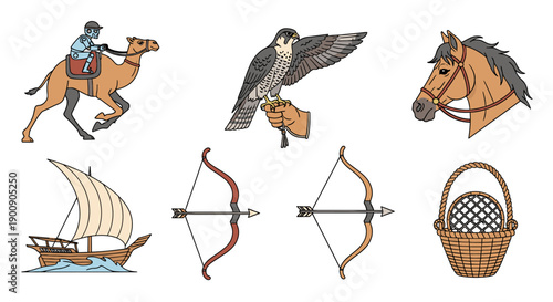 Ancient historical illustrations showcasing a camel rider, eagle, horse, sailing ship, bows, and a basket on a white background from a historical viewpoint