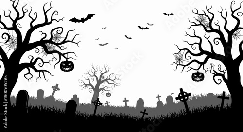 Spooky Halloween graveyard silhouette with bare trees, flying bats, gravestones, and hanging pumpkins against a white sky.