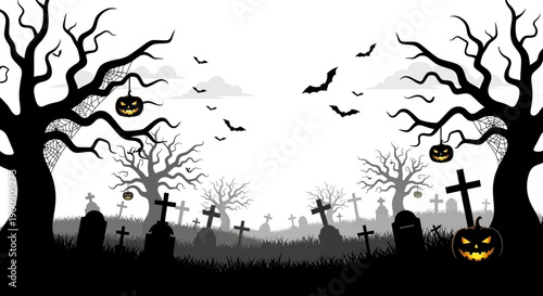 A spooky Halloween graveyard scene with silhouetted trees, flying bats, gravestones, and glowing jack-o'-lanterns under a dark sky.