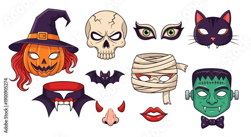 A collection of various Halloween costume elements and spooky accessories including a witch pumpkin, skull, cat mask, mummy, vampire, devil, and Frankenstein.