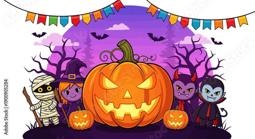 Cute cartoon Halloween illustration with children in costumes, a large jack-o'-lantern, spooky trees, and bats under a festive banner.