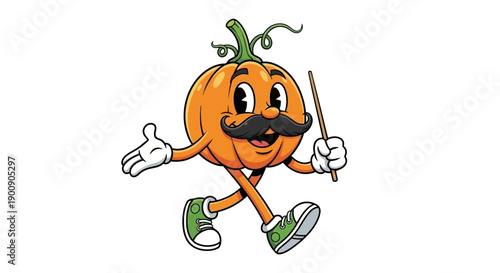 Cartoon pumpkin character with a mustache, wearing sneakers and holding a stick, walking with a friendly expression.