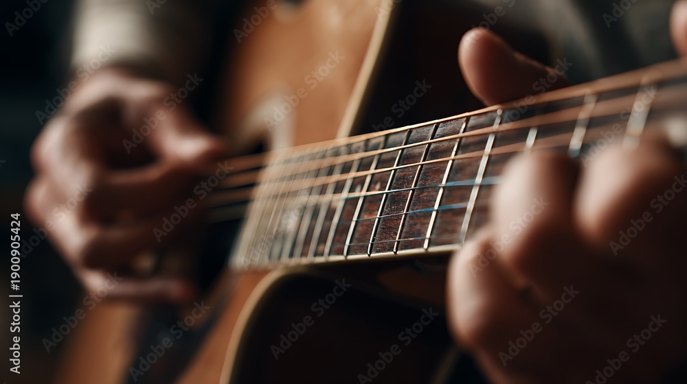 Fototapeta premium Close Up of Person Playing Acoustic Guitar Strings.