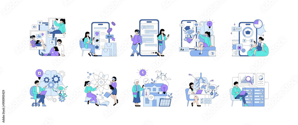 Obraz premium Diverse Technology Activities in Modern Vector Illustrations