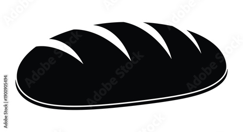 A minimalist black and white illustration depicts a freshly baked loaf of bread showcasing distinct scoring marks