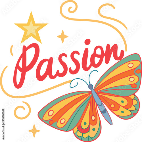 Colorful butterfly illustration with the word passion and decorative swirls