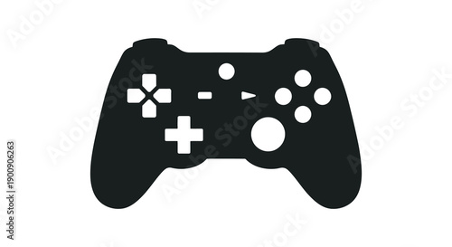 A stylized black silhouette of a modern video game controller is prominently displayed against a white background