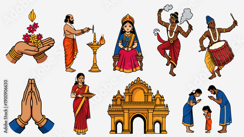 Traditional Maha Ashtami Celebration Vector Set Featuring Priest Performing Aarti Dhunuchi Dance and Devotees Praying at Temple for Indian Durga Puja Festival