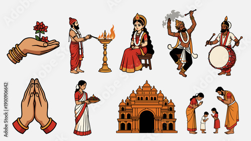 Maha Ashtami Hindu Festival Vector Illustration Set With Temple Arch Goddess Idol and Cultural Activities Like Drumming and Worship for Religious Durga Puja Design