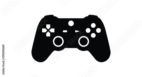 A minimalist black silhouette depicts a modern video game controller showcasing its ergonomic design and button layout