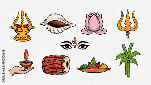 Maha Ashtami Vector Collection of Hindu Religious Symbols Including Conch Shell, Trident, Lotus, Drum, and Offerings for Durga Puja and Navratri Celebration
