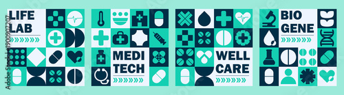 Science mosaic pattern with geometric medical tiles for hospital banner.