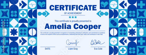 Science certificate design with geometric hospital mosaic pattern and pharmacy layout.