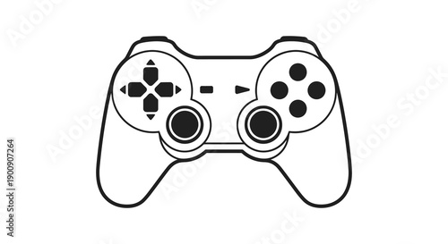 A simplified black and white illustration depicts a modern video game controller showcasing its iconic button layout high quality professional