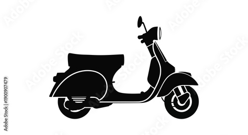 A minimalist black silhouette depicts a classic vespa scooter showcasing its iconic design and streamlined form high quality