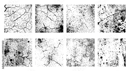 A collection of eight distressed grunge textures with cracked earth and speckled patterns, presented in a square grid format.