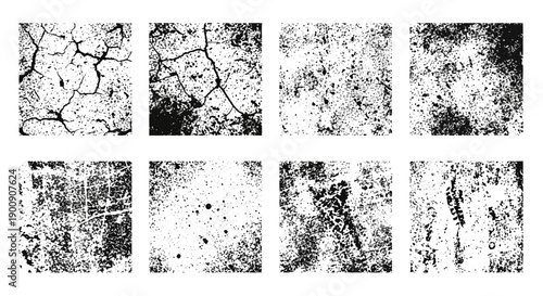 A collection of eight distressed grunge textures with cracked and speckled surfaces.