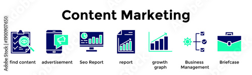 Content Marketing Banner Web Icon Vector Illustration Concept For Find Content, Advertisement, Seo Report, Report, Growth Graph, Business Management, Briefcase