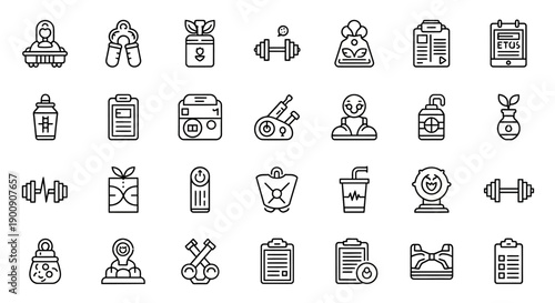 A collection of 35 black and white line art icons representing various fitness and health-related concepts.