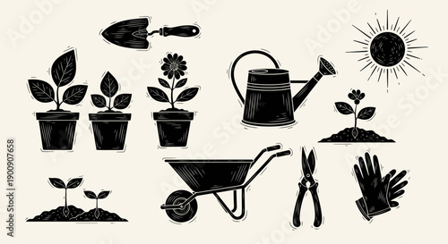 A collection of black silhouette illustrations depicting various gardening tools and plants.