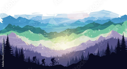 Silhouetted hikers and a cyclist traverse a majestic mountain range at sunrise, with layers of colorful mist and pine trees.