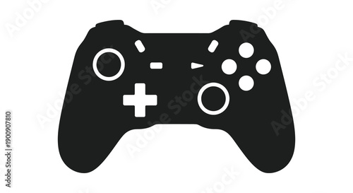 A stark black and white illustration depicts a modern video game controller showcasing its ergonomic design and button layout