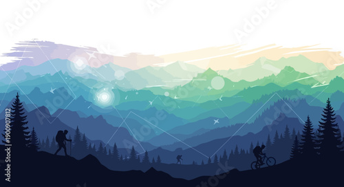 Stylized illustration of a mountain range with hikers and a cyclist at sunset.
