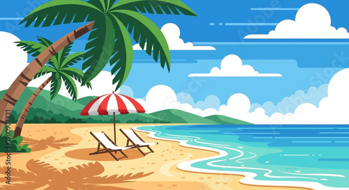A serene tropical beach scene with two lounge chairs and a red and white umbrella under swaying palm trees.