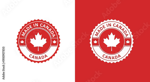 Two circular "Made in Canada" stamps featuring the Canadian maple leaf emblem, one on a white background and the other on a red background.
