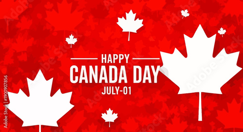 Happy Canada Day July 1st with Canadian Maple Leaves on Red Background.