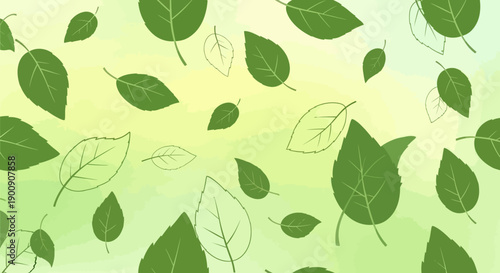 A gentle breeze carries green leaves across a soft, gradient background of yellow and green.