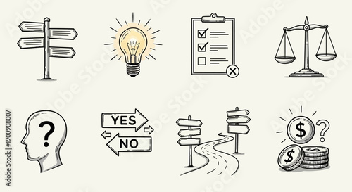 A collection of hand-drawn icons representing decision-making, ideas, and financial choices.