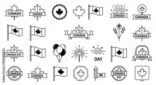 Collection of Canadian-themed graphic elements including maple leaves, flags, fireworks, and celebratory banners for Canada Day.